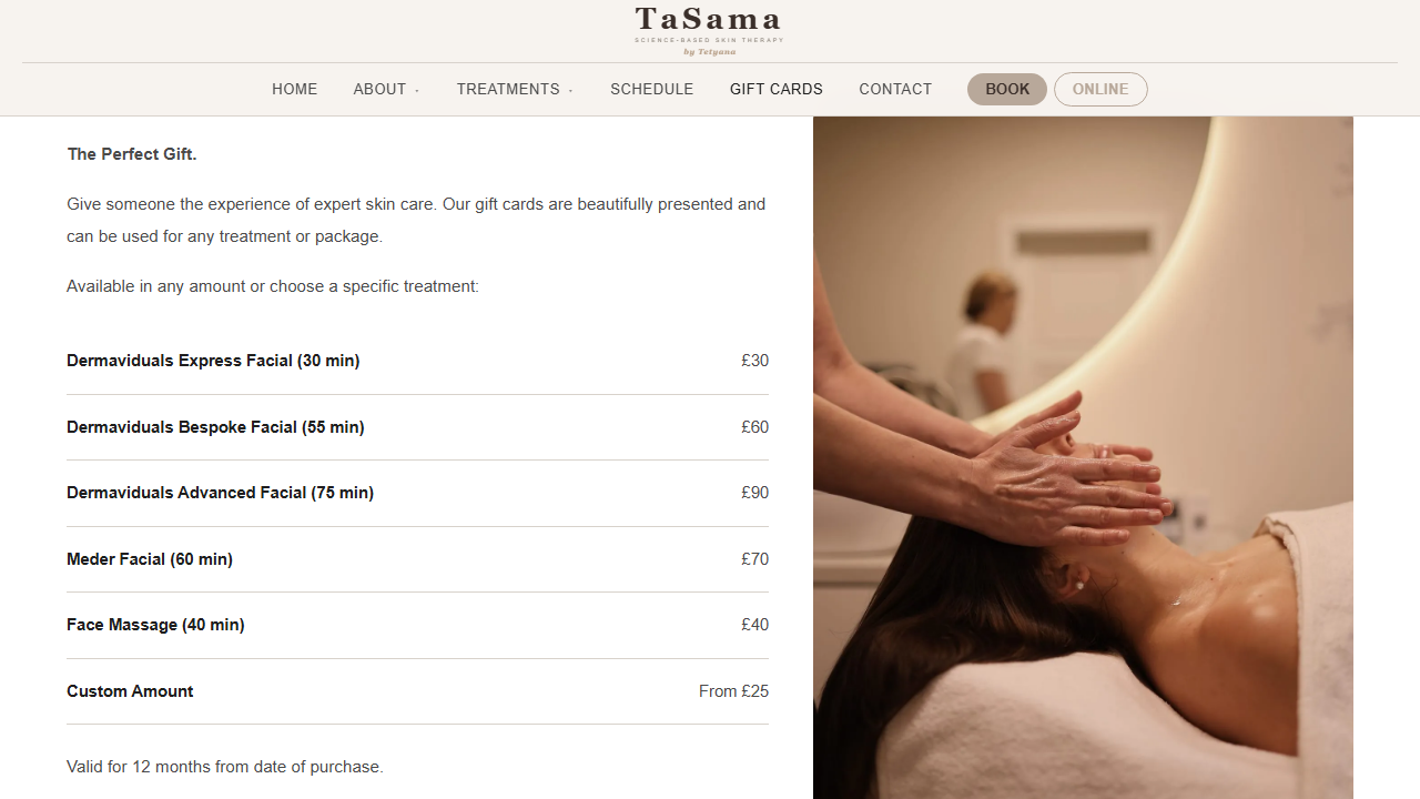 Gift card purchase page — select treatment, pay with Stripe, valid 12 months